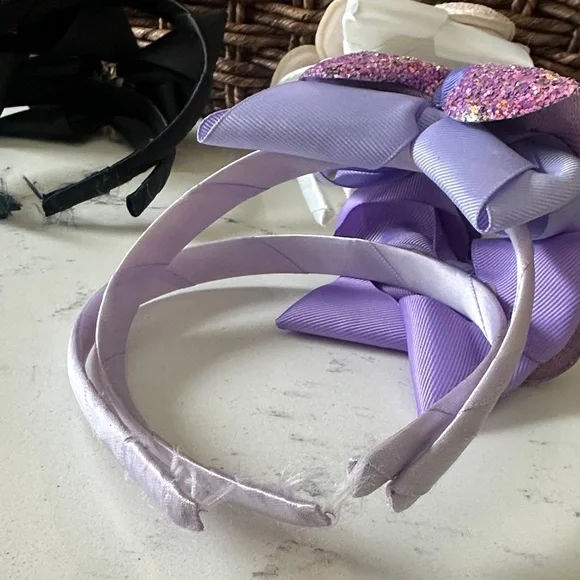 3 Set of 2 Elegant Black, White, and Purple Glitter/Shimmer Bow Headbands - Picture 3 of 4